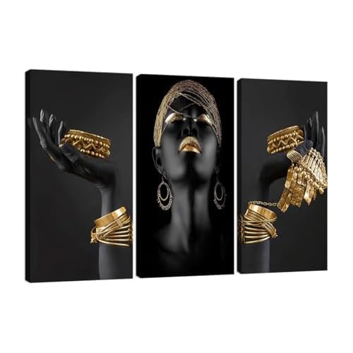HJL Art African Wall Art Black and Gold Pictures Canvas Artwork Wall Decor for Bedroom Living Room Bathroom Home Decorations Prints Framed Ready to Hang14W x 28H x3