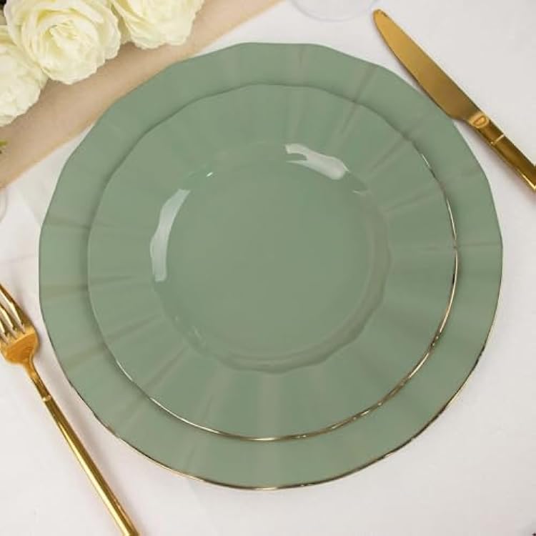 9 Salad Plates 30 - Plastic Dusty Sage Green Round Disposable Chargers With Gold Ruffled Rim, Ideal for Dinner Party Wedding Bulk Events