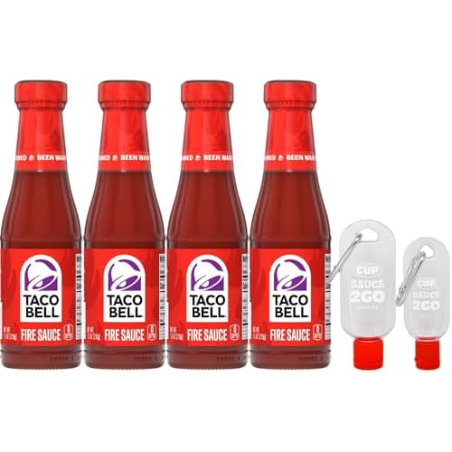 Taco Bell Fire Sauce 7.5 Ounce Pack of 4 with By The Cup 2 Go Keychains 1.69 Fl oz and 1 Fl oz Mini Sauce Bottles