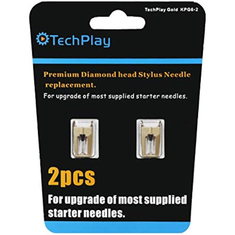 TechPlay Gold, Pack of 2, Dimond Tipped Needle for Turntables 2Pack Gold. for up-Grade of Most Standard Supplied needels. Compataible with Most Victorola and Crosley