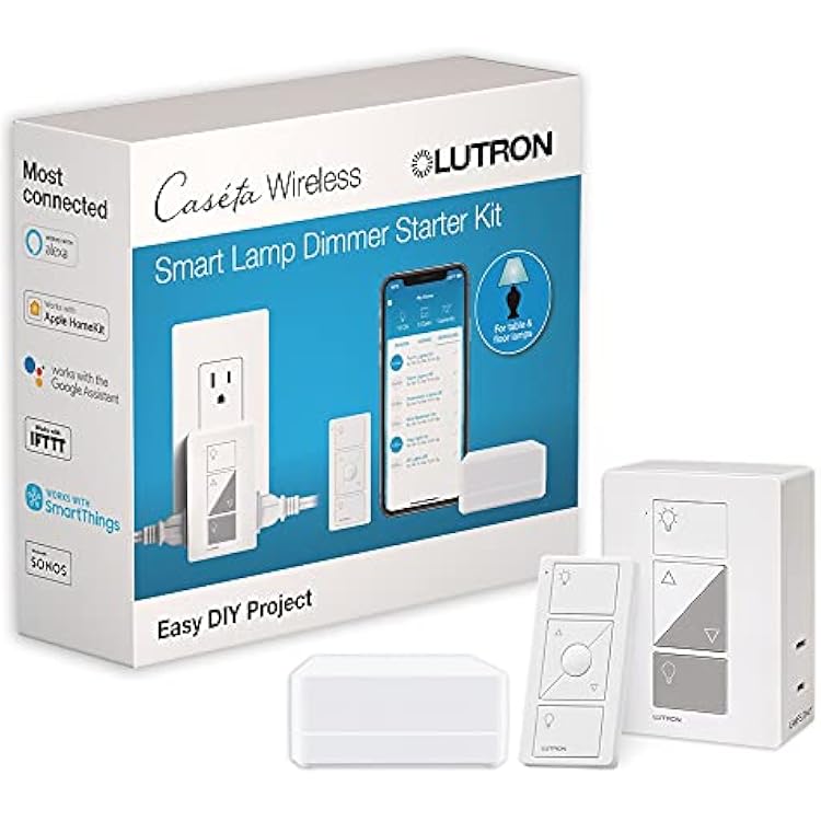 Lutron Caseta Smart Plug Start Kit for Lamps, Plug-in Lamp Dimmer Switch with Smart Bridge and Pico Remote, Compatible with Alexa, Apple HomeKit, and The Google Assistant, P-BDG-PKG1P, White