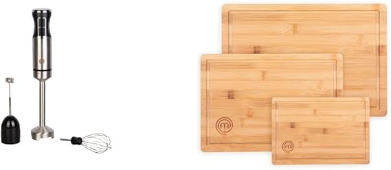 MasterChef Immersion Blender + Cutting Boards Bundle | Handheld Stainless Steel Stick Emulsifier with Attachments + Bamboo Chopping Board Set of 3 for Kitchen
