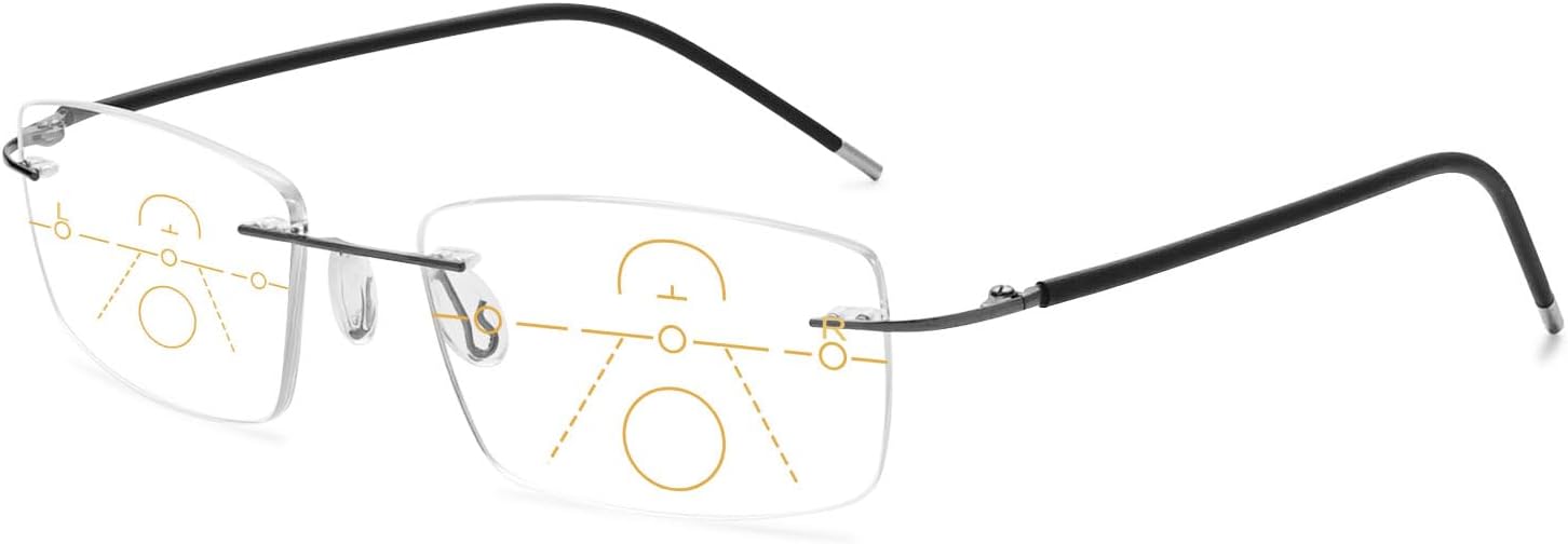 VEVESMUNDO Blue Light Filter Progressive Glasses Reading Glasses Rimless Titanium Metal Ultralight Multifocus Progressive Anti Blue Light Visual Aid Reading Aid Glasses for Men Women
