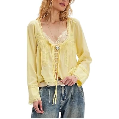 Women Lace Tie Front Top Y2k Coquette Long Sleeve Button Up Chiffon Cardigan Flowy Boho Peplum Shirt Going Out Tops