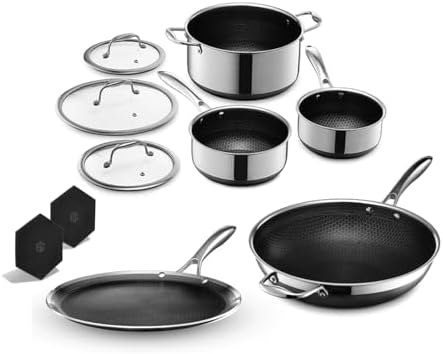 HexClad Hybrid Nonstick 10-Piece Cookware Set, 12" Wok, 12" Griddle, 2, 3, and 8Qt Pots with Lids, and 2 Silicone Trivets, Stay-Cool Handles, Dishwasher and Oven-Safe, Induction Ready