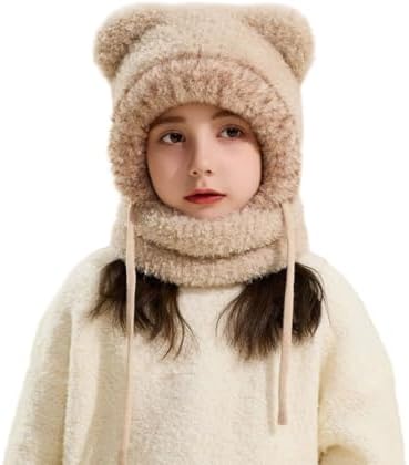 Cat Ear Baby Girls Boys Winter Hat Toddler Knitted Hood Scarf Beanies with Fleece Lining
