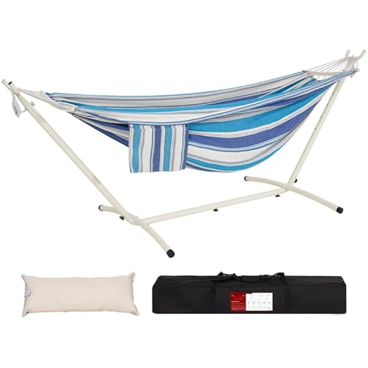 LazyDaze Hammocks Double Hammock with Stand - 2 Person Heavy Duty Outdoor Hammock for Adults, Includes Durable Steel Stand, Portable Carrying Bag and Pillow, Blue Stripes