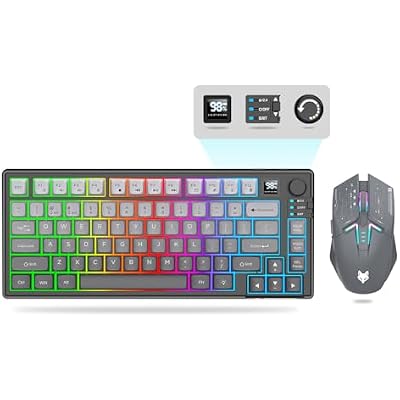 75 % Wireless Gaming Keyboard and Mouse Combo, Tri-Mode BT5.02.4GHzUSB-C, RGB Backlit Keyboard  3D 1600DPI Mice, 2000mAh Battery, 80 Keys, Knob Volume Control Gradient Gray