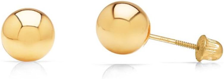14K Yellow Gold Ball Stud Earrings with Comfort Secure Screw Backs Genuine 14 Karat Gold Classic Everyday Fine Jewelry Polished Round Spheres, Available in 3mm to 8mm