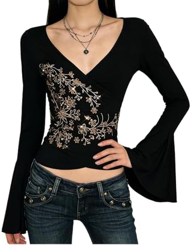 Y2k V Neck Floral Tops Women Fairy Grunge Vintage Long Sleeve Top 2000s Emo Graphic Cute Teen Girls Clothe