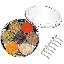 Stainless Steel Spice Box with Stainless Steel Lid, 7 Spice Containers and 7 Spoons, Masala Box (Size No. 12)
