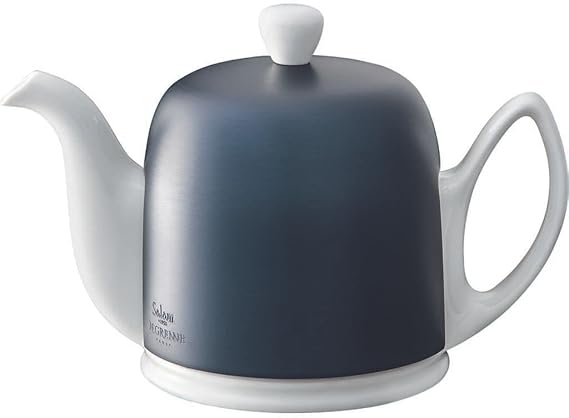 Degrenne Salam Luxury French Tea Pot - Porcelain Teapot with Blue Aluminum Cover, Ceramic Tea Kettle for Loose Tea, Removable Infuser, 4 Cup Capacity, 24oz - Colbalt Blue