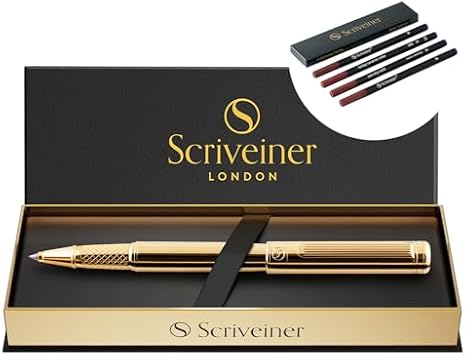 Scriveiner Gold Rollerball Bundle - Stunning Luxury Pen with Real Gold Plating, 4 Blue Rollerball Refills Medium Point
