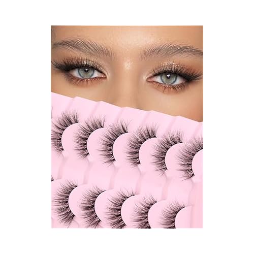Natural Cat Eye Lashes Wispy Eyelashes 14mm Lightweight False Eyelashes 3D Volume Natural Lashes 0.1mm Thin Cotton Band Lash Strips Pack C Curl Soft Eyelash 7 Pairs Siligli