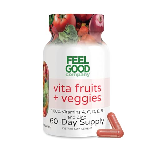 FeelGood Superfoods Vita Fruits and Veggies Capsules - 25 Superfood Ingredients, Fruit and Vegetable Multivitamin, 60 Count - for Men and Women - Vitamins A, C, D, E, B and Zinc