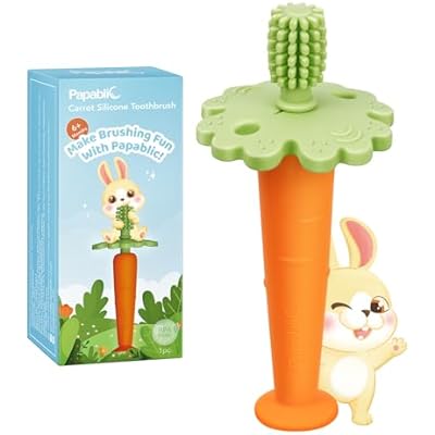 Papablic Baby Toothbrush Teether, 360 Carrot Toothbrush Teething Toy with Suction Base, Childrens Day Gift Travel Essentials for Toddler Infants 6-12 Months