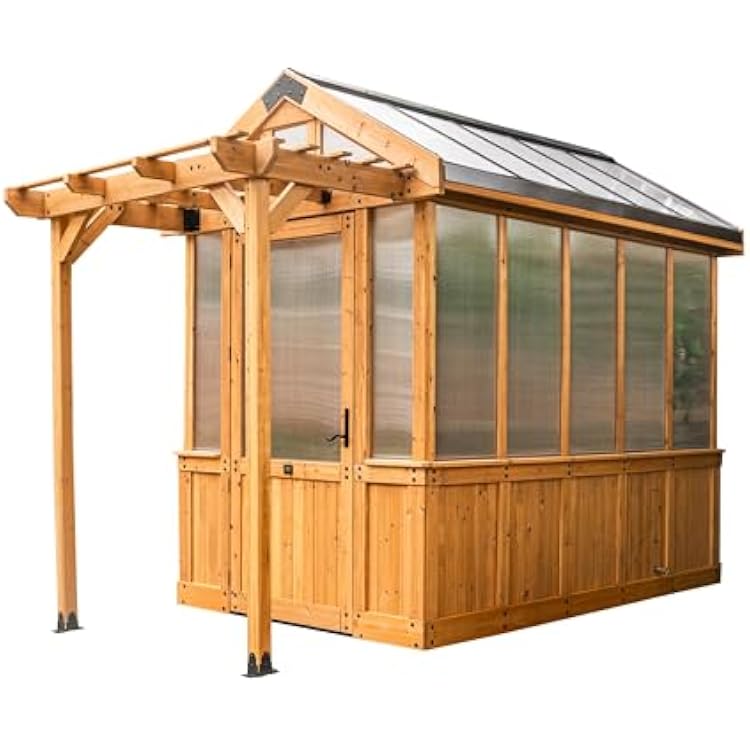 Backyard Discovery Bellerose 9 x 6 Cedar Wood and Polycarbonate Walk-in Greenhouse Kit with Pergola, Exhaust Fan, Windows, Hose Hook-Ups, PowerPort, Staging Shelves for Year-Round Outdoor Gardening