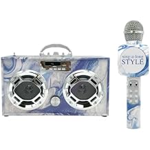Wireless Express - Portable Party Speaker: Retro Boombox with Bluetooth, LED Light Show, Enhanced FM Radio, Rechargeable Battery (Blue Swirl - Bundle w/Mic)