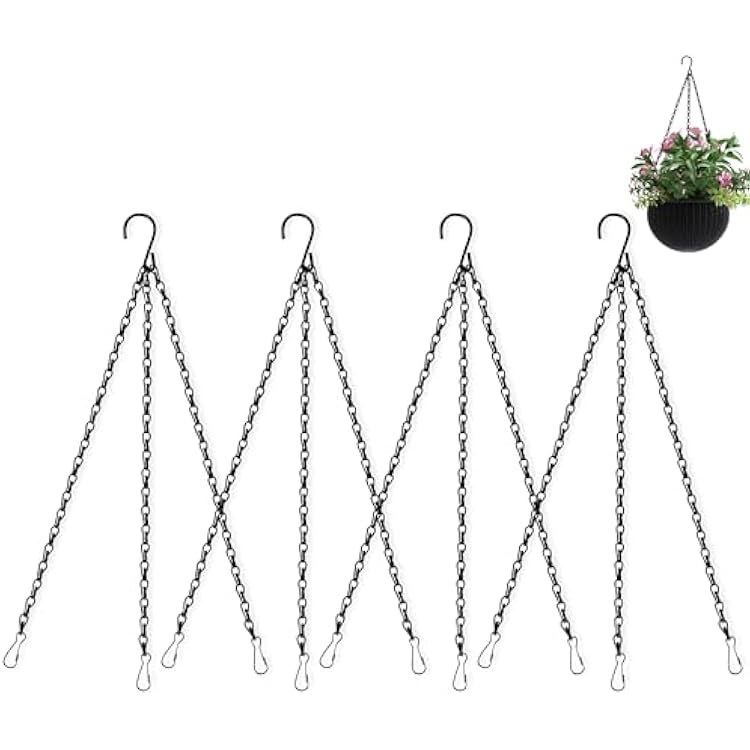 Hanging Basket Chain, 4 Pack 16 Inch Chain for Hanging Plants, Black Plant Chains for Hanging Baskets, 3 Leads Hanging Chain with Hooks for Flower Pots Basket Bird Feeders Sign Wind Chime Billboards