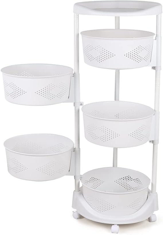 Rotating Storage Rack, 5-Layer Fruit Vegetable Rack Holder with Wheels, Kitchen Cart with Storage Rotating Basket Fruit Vegetable Food Grocery Organiser Rack for Kitchen