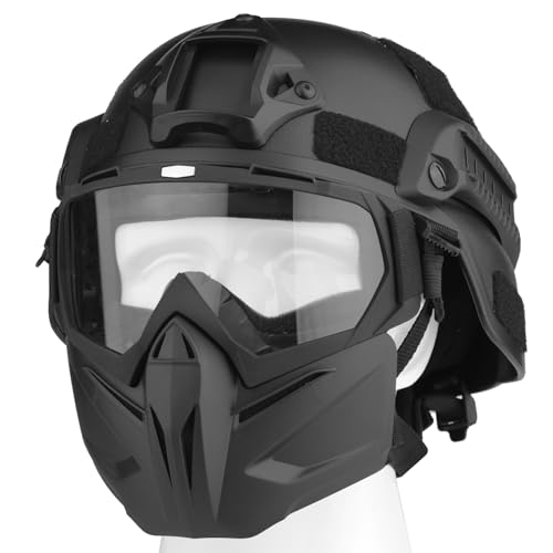 VPZENAR Airsoft Helmet and Mask, Full Face Mask with Detachable Goggles, Paintball Black Helmet with NVG Mount and Side Rail, Military Tactical Gear