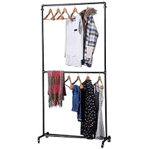MBQQ Industrial Pipe Clothing Racks on Wheels Double Hanging Rod Metal Clothing Rack,Heavy Duty Commercial Display Garment Rack,Hanging Weight Rack,Metal Ballet Rolling Racks,Black Brush Silver