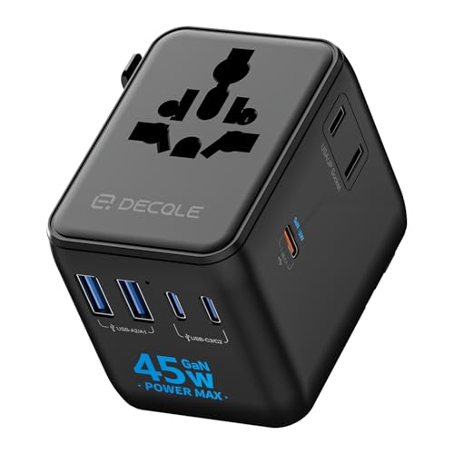 Universal Travel Adapter, International Travel Plug Adapter with 3 USB-C & 2 USB-A Ports 45W, All in One Portable Socket, for USA, UK, EU, AU & 224 Countries Black