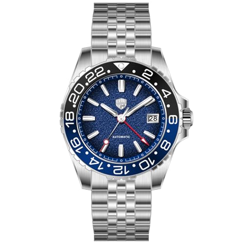 Mens Automatic Stainless Steel Dive GMT Watch, Sapphire Glass Mirror, 41mm Case, TMI NH34 Movement, 100M Waterproof,Fold Over Clasp, Mens Dress Sport Watch for Men
