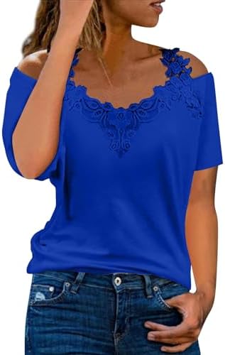 Lace Crochet Cold Shoulder Tops for Women 2025 Trendy Summer Short Sleeve Tunic Shirts Casual Loose Strappy Blouse