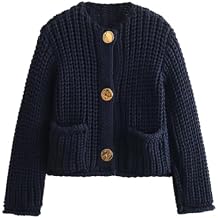 Chunky Ribbed Knitted Cardigan for Women Open Front Long Sleeve Fall Button Loose Short Cardigan Knit Top Pockets
