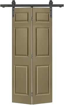 36 in. x 84 in. Hollow Core 6 Panel Olive Green Painted MDF Composite Bi-Fold Barn Door with Sliding Hardware Kit