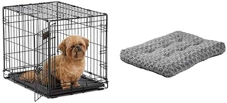MidWest Homes for Pets Single Door Folding Metal Dog Crate with Plush Pet Bed