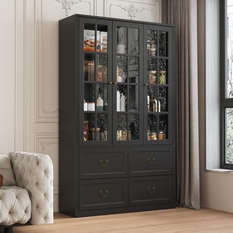 Homsee 78.7 H Bookcase Bookshelf with 8-Tier Shelves, 4 Drawers & 3 Glass Doors, Modern Display Storage Cabinet for Home Office, Living Room, Black