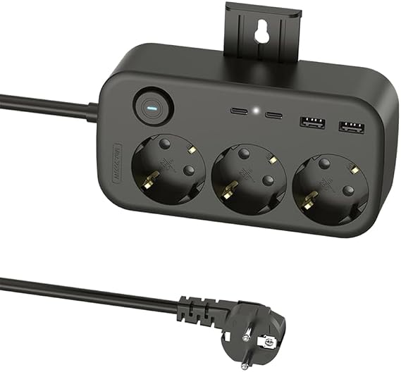 3'lü Priz + 4 USB (2 Type-C + 2 USB-A) Çoklayıcı | Duvara Monte Edilebilir, Aç/Kapa Anahtarı, Akım & Kısa Devre Koruma, Yüksek Güç