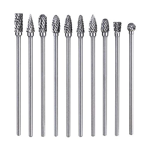 10pcs 3 mm 18 Inch Shank Tungsten Carbide Double Cut Rotary Burr Die Grinder Bits Rotary Files Carving Grinding Bit Fits for Rotary Tool Long Shank 100mm