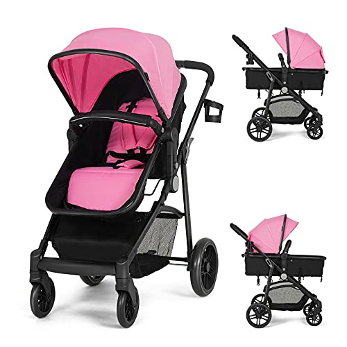 HONEY JOY Baby Stroller, High Landscape Convertible Infant Bassinet Stroller, Adjustable Canopy & Backrest, Storage Basket, Cup Holder, Foldable Newborn Carriage Pram Stroller Pink