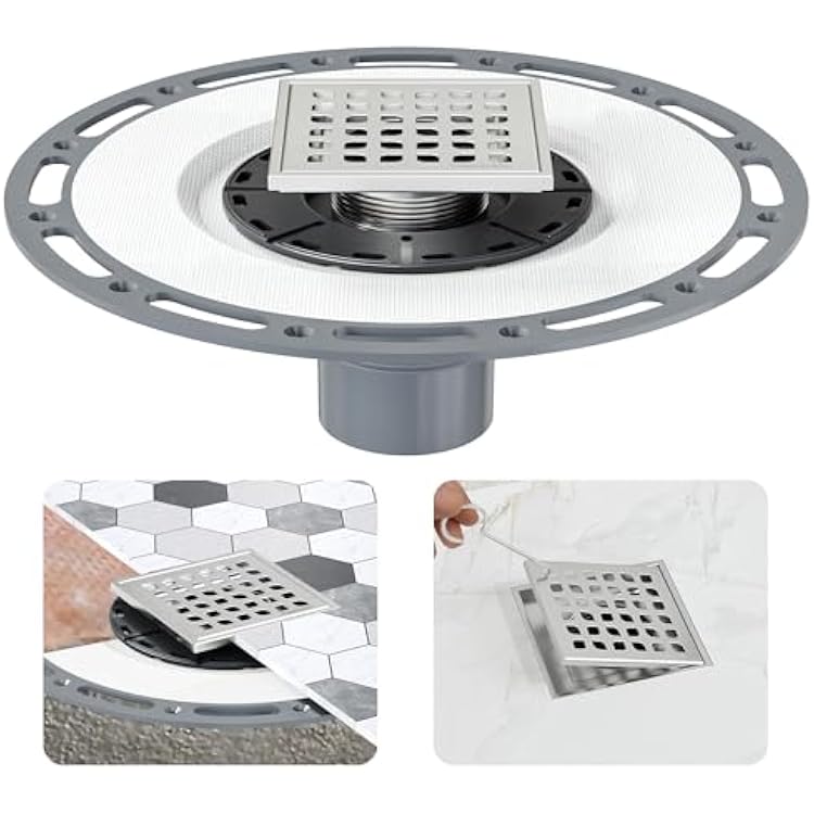 Neodrain Square Shower Drain, 4 in Brushed 304 Stainless Steel Floor Drain with Drain Grate Removable, Drain Key, PVC Bonding Flange Base with Anti-Wicking Fabric, for Low Profile Shower Pan