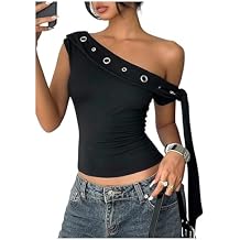 SweatyRocks Women's Y2K One Off The Shoulder Tops Punk Tie Knot Going Out Crop Tank Top