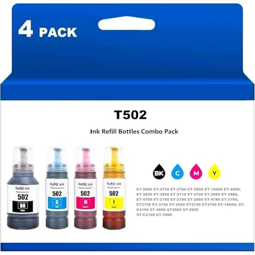 YIGO 502 T502 Ink Refill Bottles for ET2700 ET3700 ST3000 ET-2750 ET-3750 ET-4850 ET2760 ET-3760 ET-4760 ET-2850 ET-3850 ET-3830 ET-15000 ST-4000 ST-2000 ST-C2100 ET-3710 Printer1BK C M Y