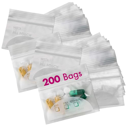 Pill Pouch Bags - Pack of 200 3 x 2.75 - BPA Free, Poly Bag Disposable Zipper Pills Baggies, Daily AM PM Travel Medicine Organizer Storage Pouches, Best Clear Reusable with Write-on Labels