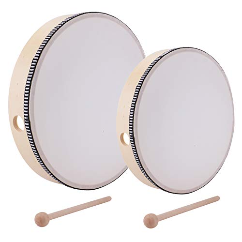 Foraineam 10 Inch & 8 Inch Hand Drum Musical Percussion Instrument Wooden Frame Drum with Wood Drum Sticks
