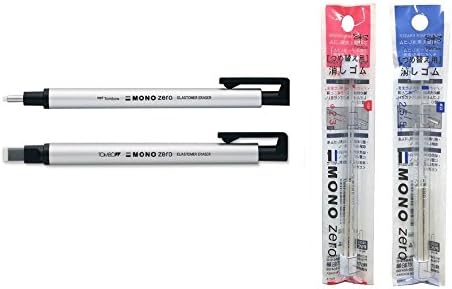 Tombow Mono Zero Eraser Set Includes Round & Square Eraser Holders (4 Total) & Refills (Choose Color) - Silver