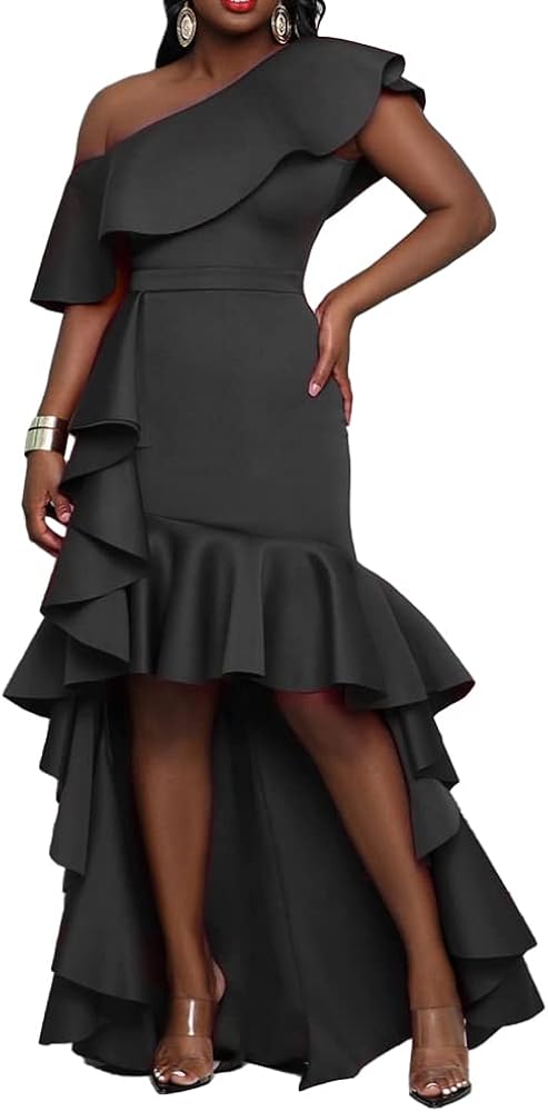 IWFEV Asymmetric One Shoulder Falbala Mermaid Dress Sleeveless Women's Maxi Dress Ruffle Dress