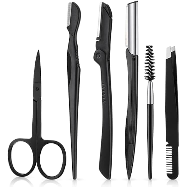Eyebrow Trimming Kit, 6 in 1 Eyebrow Shaper Kit, Stainless Steel Razor, Scissors, Tweezers, Brush for Women and Men, Facial Hair Trimmer Set with Comb
