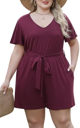 Nemidor Plus Size Casual Short Romper for Curvy Women Summer Stretchy Outfits Jumpsuit with Belt and Pocket 16-26