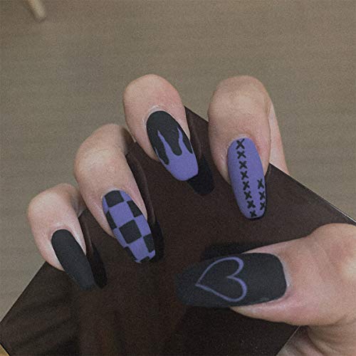 BABALAL Coffin Press on Nails Medium, 24Pcs Black Goth Fake Nails Matte Glue on Purple Red Flame Ballerina Acrylic False Nails Manicure Design for Women and Girls