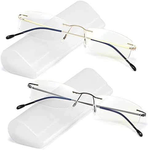 2 Pack Titanium Rimless Reading Glasses Anti Blue Light Glare Filter, Ultralight Spring Hinge Readers for Men Wowen