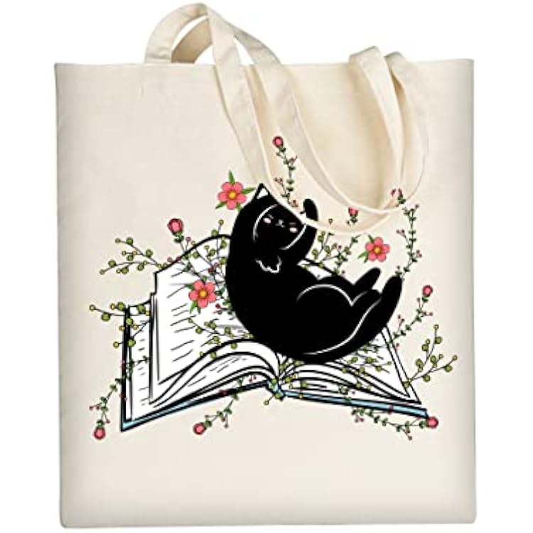 AUSVKAI Cute Book Canvas Tote Bag Aesthetic For Women Grocery Bag Cotton Beach Totes Gift-Black Cat Book