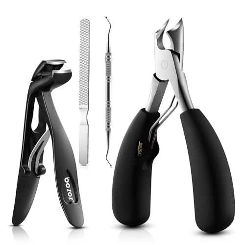 BEZOX Toenail Clipper Kit 4PCS Nail Care Set for Ingrown Toenails Curved Head Toe Nail Clippers for Seniors for Thick Nails, Thick Fingernail Clippers, Long Nail File & Dual-Ended Lifter - Black