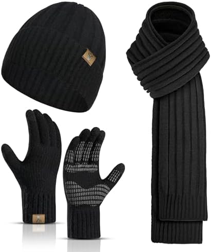 3pcsSet Winter Beanie Hats Touchscreen Gloves Neck Warmer Scarf Set for Men with Knit Skull Caps in Cold Weather